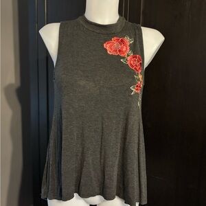 Charcoal Sleeveless Top with Red Floral Embroidery